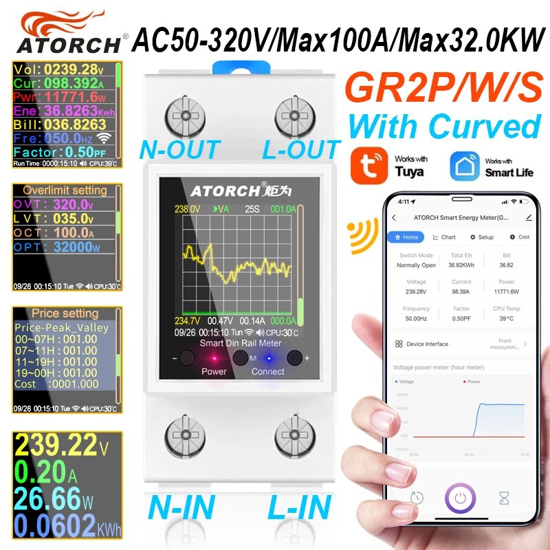 Energy Meter Din Rail Wifi - 100A Tuya AC50-320V pengukur energi rel