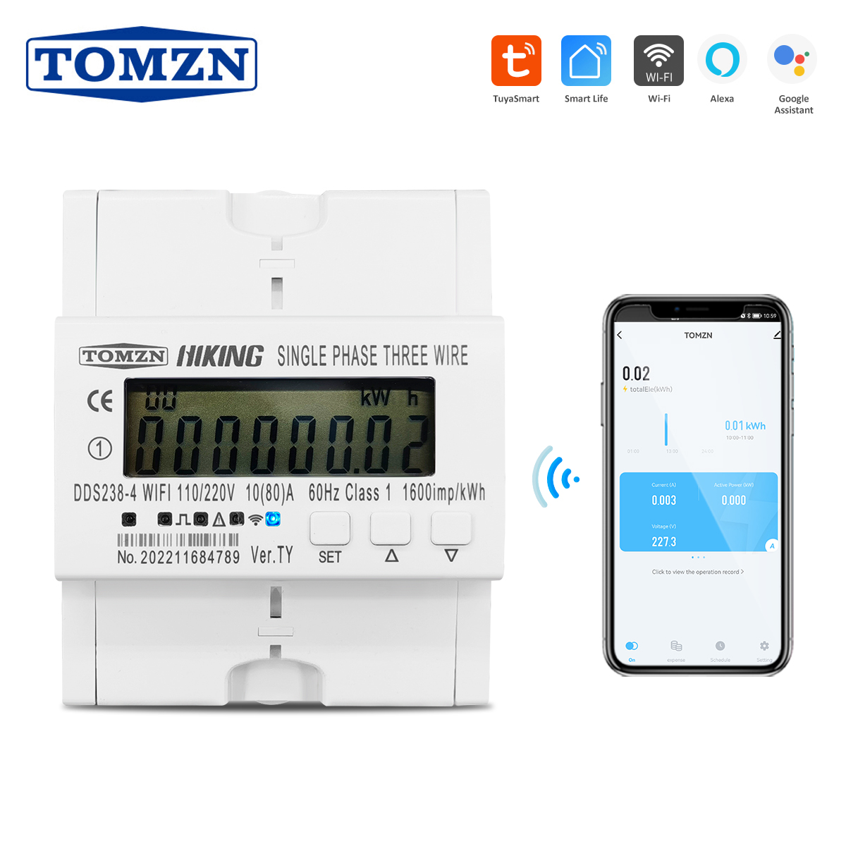 Energy Meter Din Rail Wifi - TOMZN 2 Fase 110V+110V 60Hz 80A