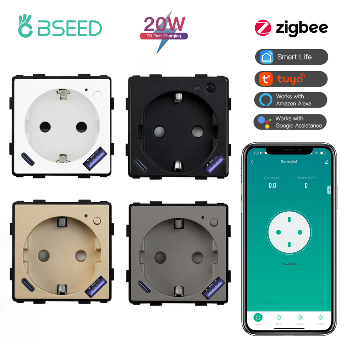 BSEED Zigbee Smart Socket Part - Smart Socket 16A Tuya App ulasan dan harga