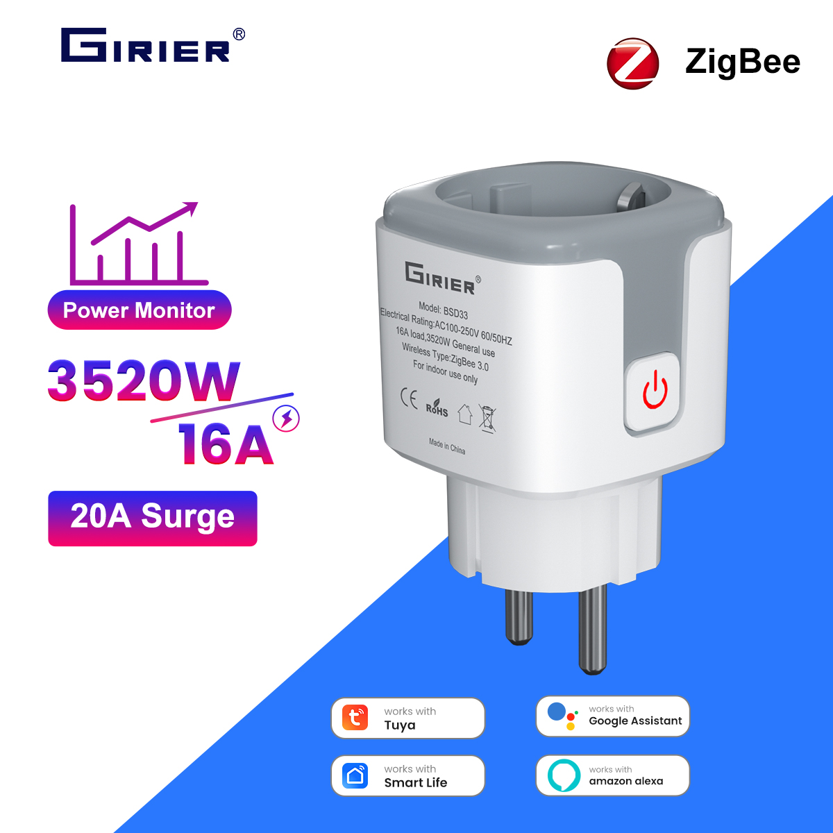 GIRIER Tuya Smart ZigBee Power - Smart Socket 16A Tuya App ulasan dan harga
