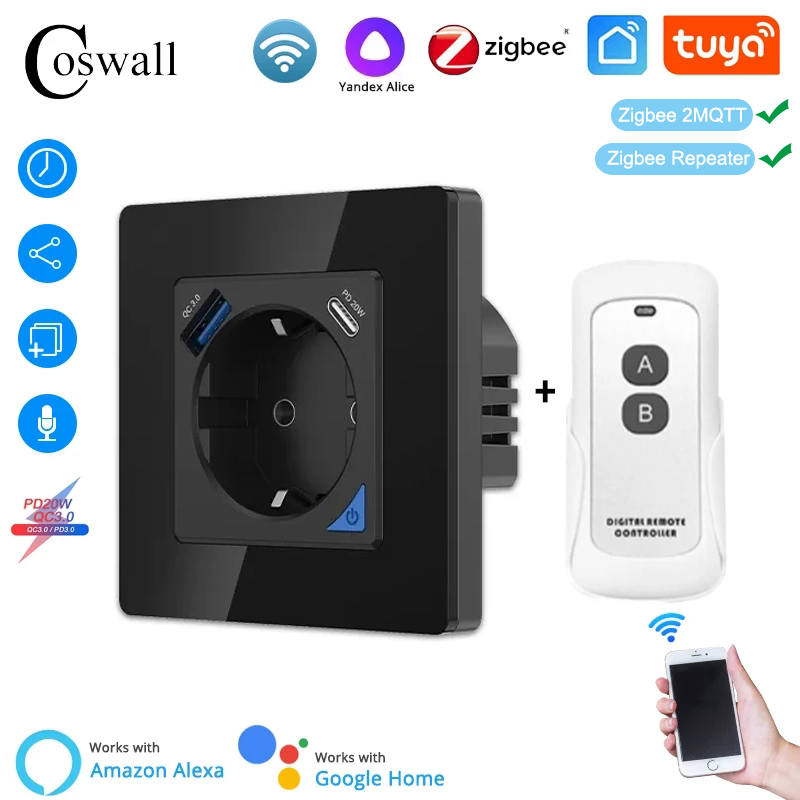 Coswall Alice Glass Zigbee Tuy - Smart Plug Zigbee 16A ulasan dan harga